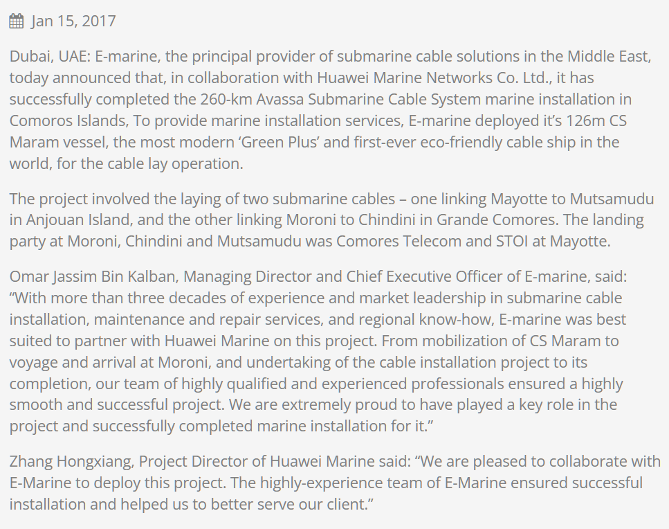 E-Marine joins hands with Huawei Marine to install Avassa Submarine Cable in Comoros