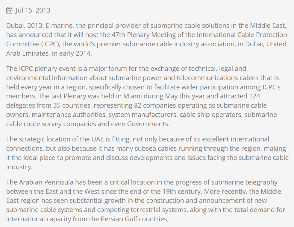 E-marine to host international plenary meeting on protection of submarine cables in Dubai